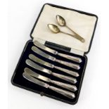 A set of six George V silver handled butter knives, in a fitted case, Birmingham 1924, and two teasp