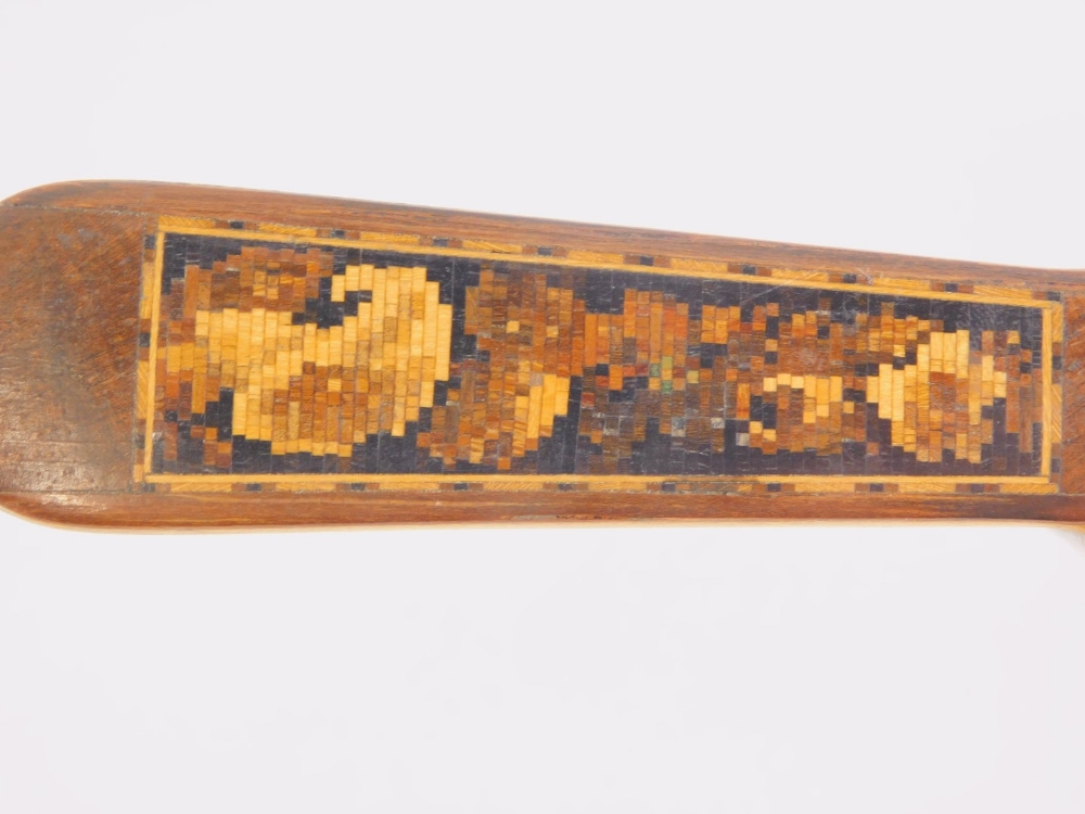 A 19thC Tunbridge ware sycamore and rosewood letter opener, the handle with mosaic decoration of flo - Image 2 of 2