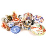 A collection of mainly Japanese porcelain, to include Imari pattern plates, Kutani part tea set, etc