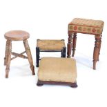 A Victorian mahogany stool, with a wool work seat, on part turned splayed legs, a small foot stool,
