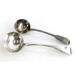 A George IV fiddle pattern ladle, 2oz, 18cm long, and a similar silver plated example.