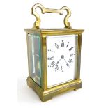 A French brass carriage clock, with white enamel dial, in heavy case with bevel glass, unmarked, 17c