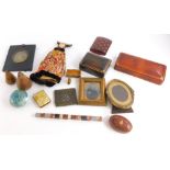 A collection of items, to include a Daguerreotype, leather boxes, glass iridescent paperweight, agat