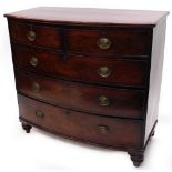 A Victorian mahogany bowfronted chest, with two short and three long drawers, on turned feet, 106cm