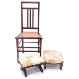 An Edwardian mahogany crossbanded bedroom chair, with a caned seat, a footstool with short cabriole