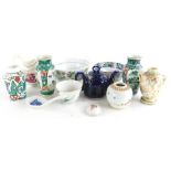 A collection of ceramics, to include a pair of oriental famile vases, two Staffordshire porcelain bo