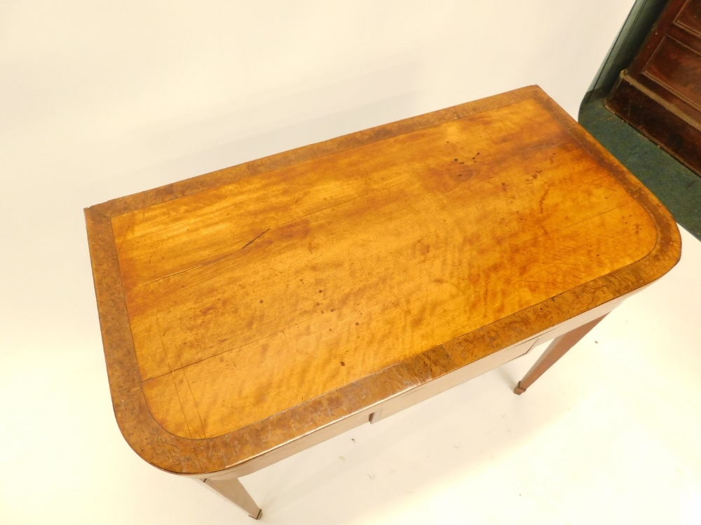 A George III satinwood and burr wood D shaped tea table, the flat panelled frieze with a central dra - Image 2 of 3