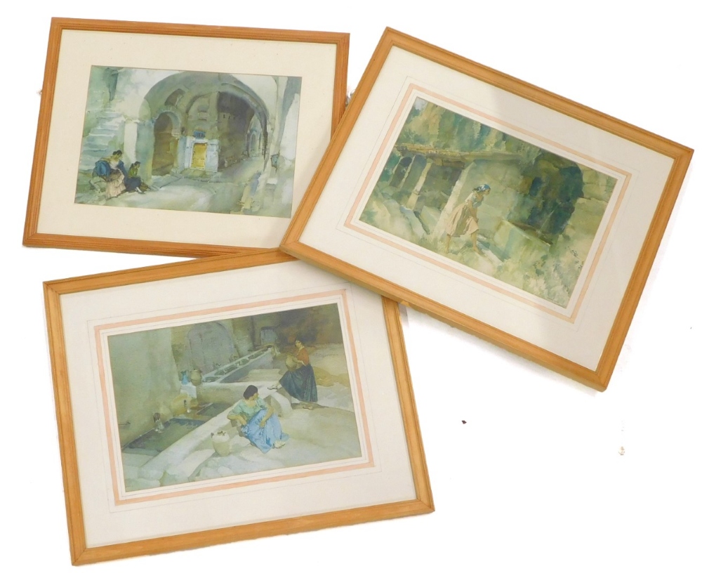 After William Russell Flint. Ladies beside buildings, etc., coloured prints, 24cm x 34cm. (3)