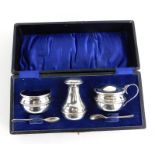 A George V silver cruet set, comprising a mustard pot with blue glass liner, an open salt with blue