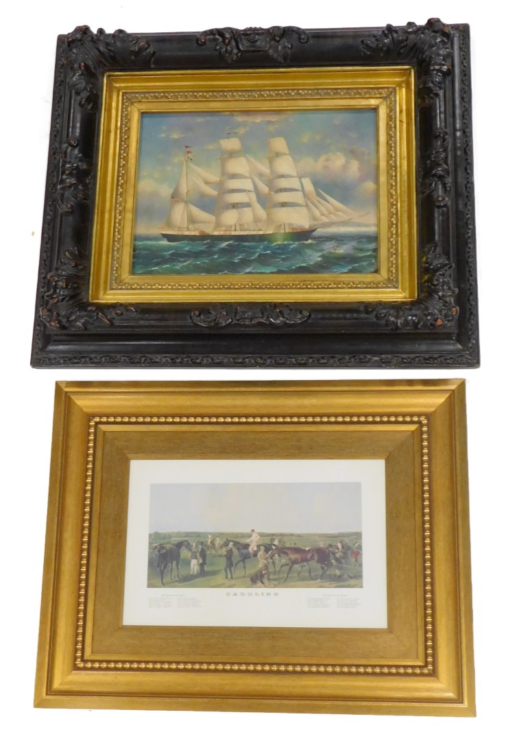 A J.W. Three masted sailing ship, oil on canvas, 27cm x 40cm, and a horse racing print titled Saddli