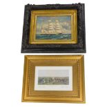 A J.W. Three masted sailing ship, oil on canvas, 27cm x 40cm, and a horse racing print titled Saddli
