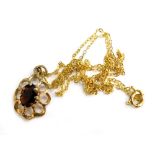 A 9ct gold pendant and chain, the floral pendant set with garnet in claw setting, on a fine link yel