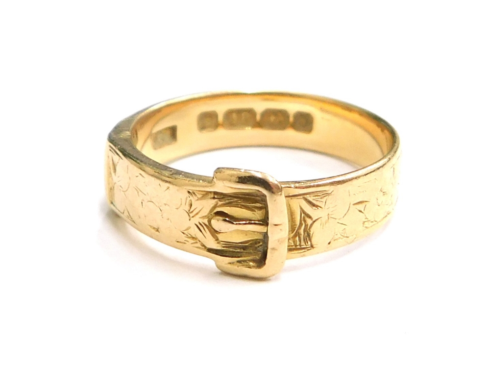 A Victorian 18ct gold buckle ring, Birmingham 1893, ring size N, 4.1g all in.