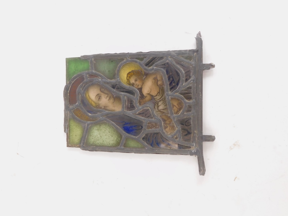 A stained glass panel, depicting Madonna and Child, leaded borders, possibly 18thC, 24cm x 17cm. - Image 2 of 2