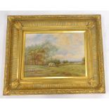 21stC School. Rural scene with figures harvesting, in 19thC style, oil on board, 29cm x 42cm.