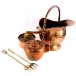 A copper coal scuttle, with swing handle, a paraffin lamp, copper kettle, etc.