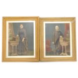 A pair of 19thC studio photographs, later coloured depicting a gentleman and a lady each beside the