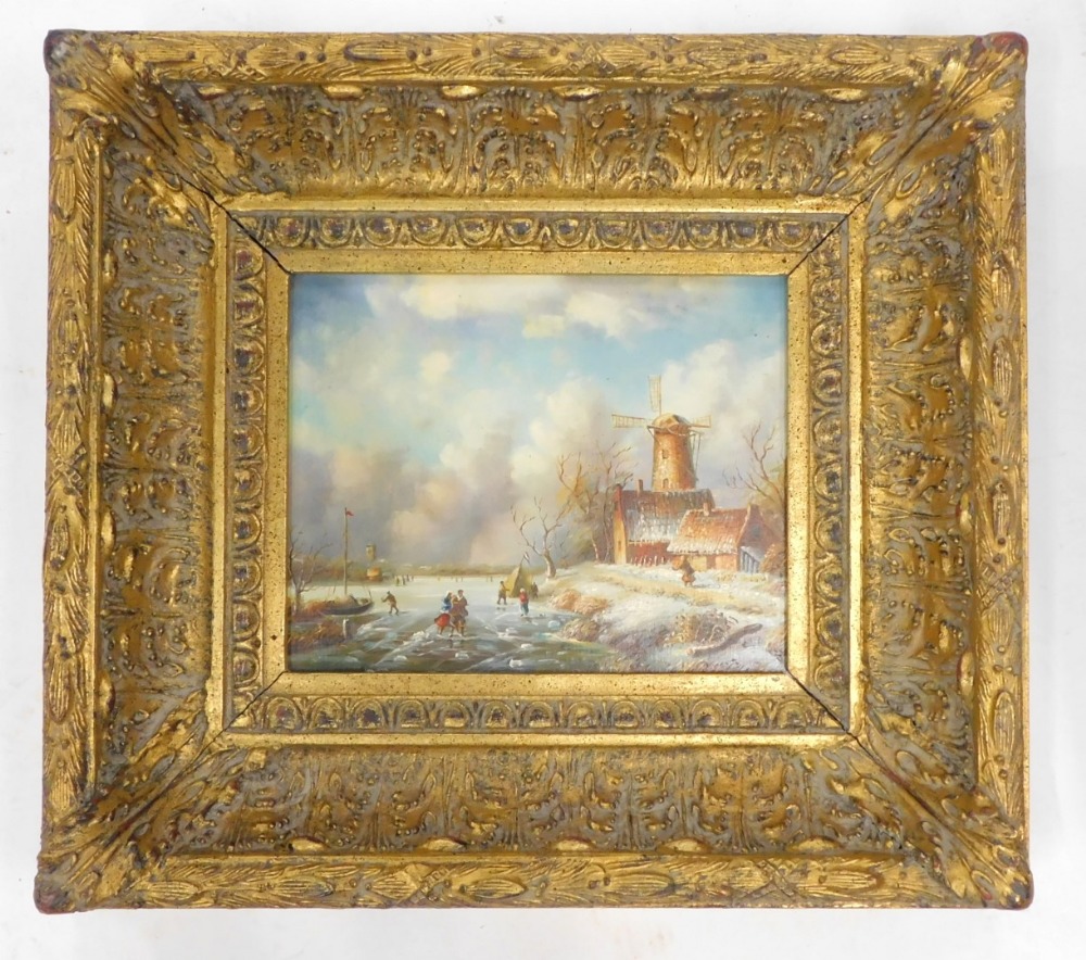 21stC School. Dutch style winter scene, with figures ice skating , etc., in 19thC style, oil on boar