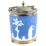 A Wedgwood blue Jasperware biscuit barrel, with silver plated mounts, 25cm high overall.