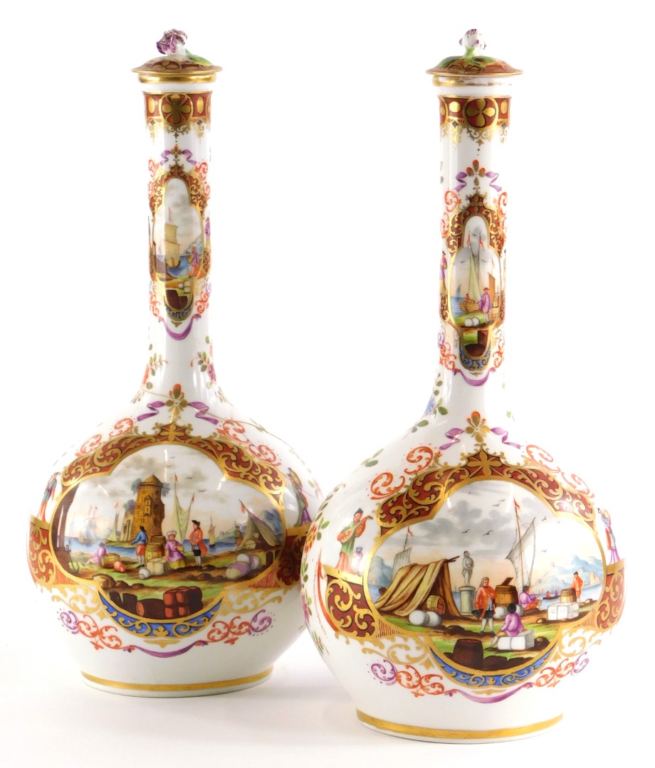 A pair of late 19th/early 20thC Dresden bottle shaped vases, each decorated with 18thC style scenes,