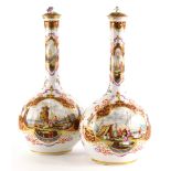 A pair of late 19th/early 20thC Dresden bottle shaped vases, each decorated with 18thC style scenes,