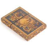 A 19thC Tunbridge ware card case, inlaid with a cartouche to one side and a cube design to the rever