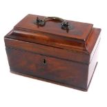 A 19thC mahogany tea caddy, the dome hinged lid with a brass swing handle, enclosing three lidded di