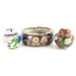 Two modern Chinese cloisonne ginger jars and covers, and a continental studio pottery ashtray, stamp