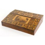 A Victorian rosewood and Tunbridgeware writing box, the top with a mosaic band of flowers, etc surro