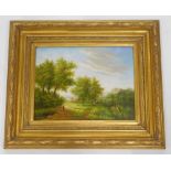 21stC School. Rural scene with figure beside a woodland road, in 19thC style, oil on board, 29cm x 4