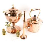 A quantity of metalware, to include a copper and brass tea urn, 33cm high, a Victorian copper kettle