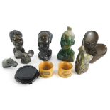 Miscellaneous African souvenirs, to include a carved stone bust, figures, and a pair of Mauchline wa