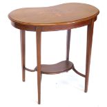 An Edwardian mahogany kidney shaped occasional table, the top decorated with marquetry scrolls, urns