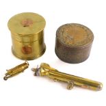 A collection of Trench Art, etc., to include a cylindrical box inset with coins, a brass and copper