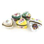 A collection of five Limoges and other continental porcelain heart shaped boxes and covers, each wit