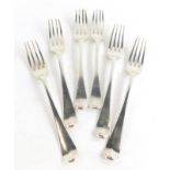 A set of six George III Old English pattern silver dinner forks, London 1801, 14oz.