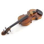 A late 19thC violin, with ebonised and boxwood purfling, one piece back labelled William Laughir, ma