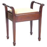 An Edwardian mahogany and satinwood crossbanded piano stool, with a hinged padded seat, turned arm s