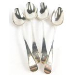 A set of four George III Old English pattern silver serving spoons, with lion insignia to handle, Lo