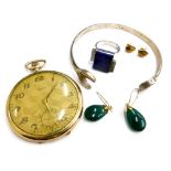 A quantity of jewellery and effects, to include a gold plated Tempo pocket watch, a pair of jade dro