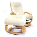A cream leather armchair, with bentwood supports and a matching stool.