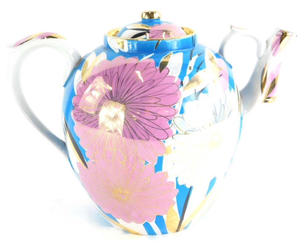 A large Russian porcelain teapot, decorated in pink and white lustre glazes with flowers, printed ma