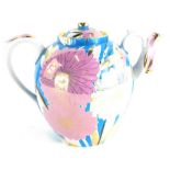 A large Russian porcelain teapot, decorated in pink and white lustre glazes with flowers, printed ma