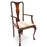 An oak and elm elbow chair, in Queen Anne style, with a solid splat, drop in seat on cabriole legs w