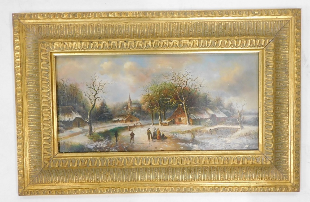 21stC School. Winter scene with figure skating in 18thC Dutch style, oil on board, 17cm x 37cm.