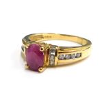 An 18ct gold ruby and diamond dress ring, the oval and cut ruby in four claw setting, with six diamo