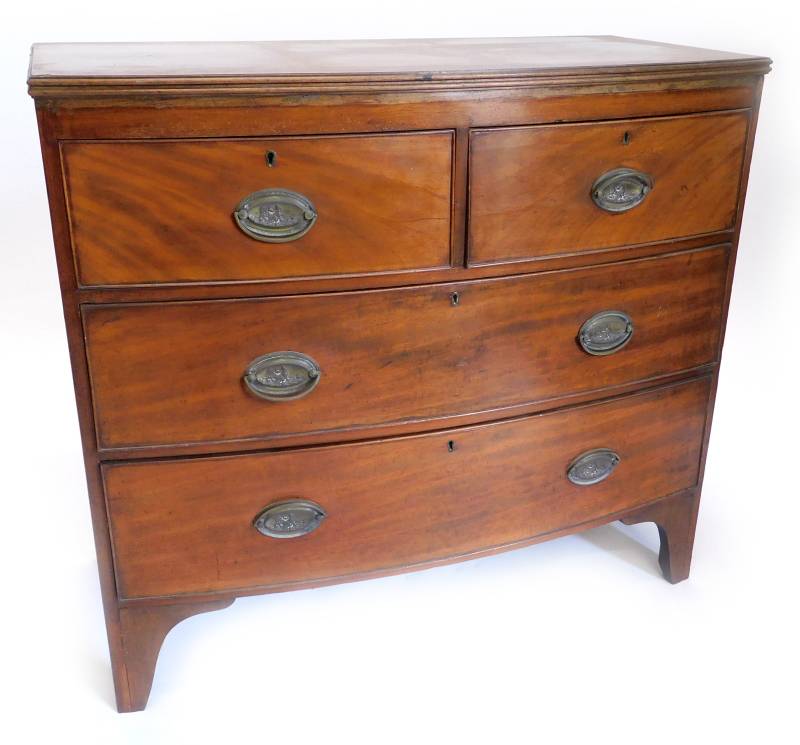 A 19thC mahogany bowfronted chest of drawers, with two short and two long drawers, on bracket feet,