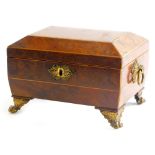 An early 19thC yew and box wood strung jewellery box, the hinged lid enclosing a fitted interior, on
