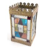 A Victorian gilt pressed brass and stained glass rectangular hall lantern, incomplete (AF), 31cm hig