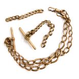 A 9ct gold watch chain, with two t-bars, and clips, (AF), 47.9g all in.